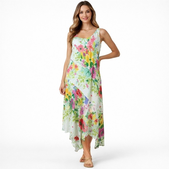 Jams World Dresses & Skirts - JAMS WORLD Cottage Bouquet Floral Asymmetrical Resort Midi Dress Sz XS Hawaii
